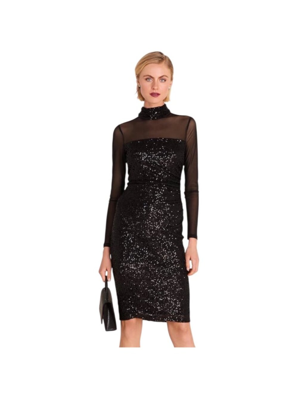 Eliza J NWT $198 Women's Black Illusion-Sleeve Sequin Bodycon Dress, Size 8